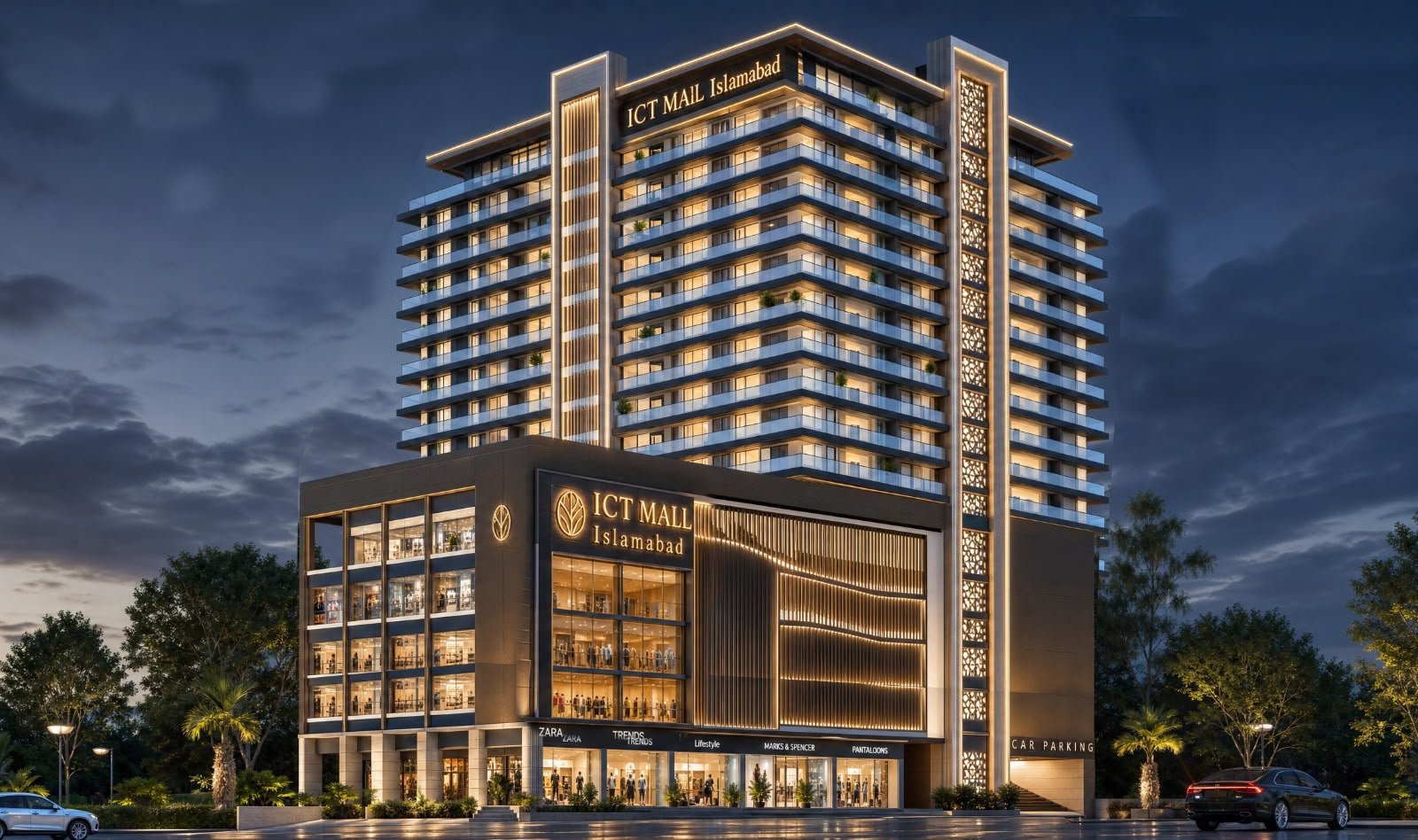 ICT Mall Islamabad exterior at dusk