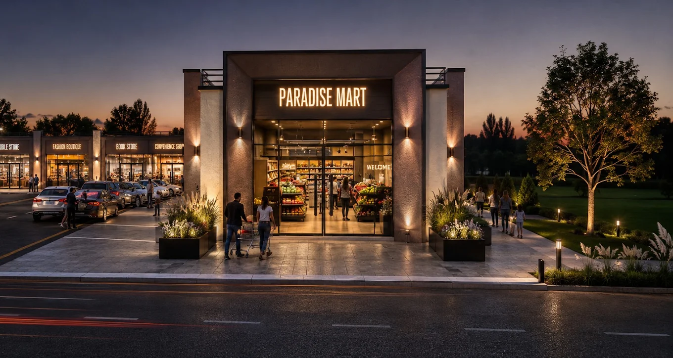Paradise Mart retail arcade at dusk in Paradise City Nowshera